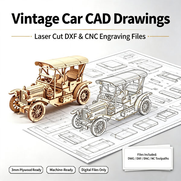 Retro Classic Car Wooden Construction Model CAD Drawings | Laser-cut DXF Vector Files with NC and DNC Engraving Path Files